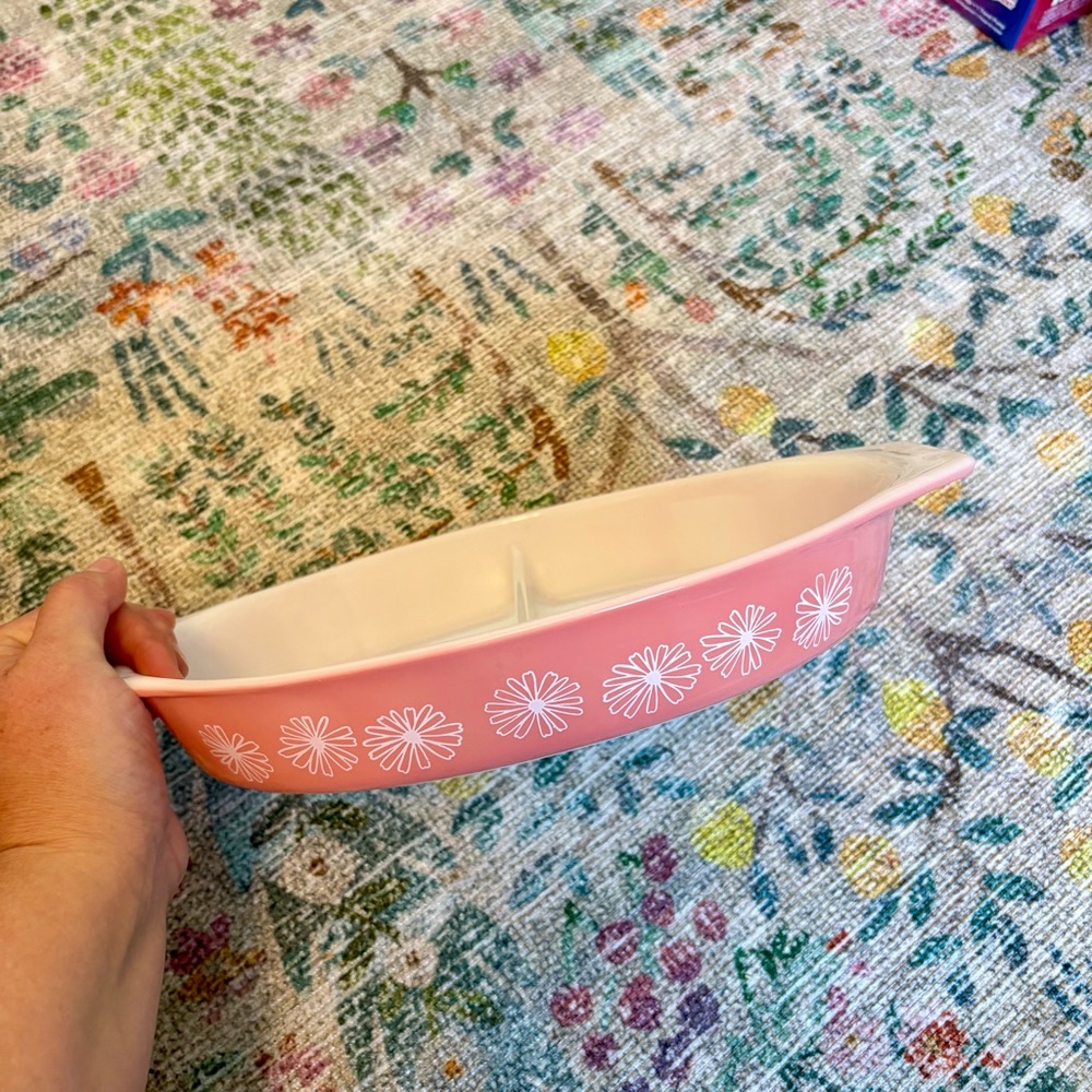 Pyrex Pink Daisy Divided Casserole Dish, No Lid, EUC